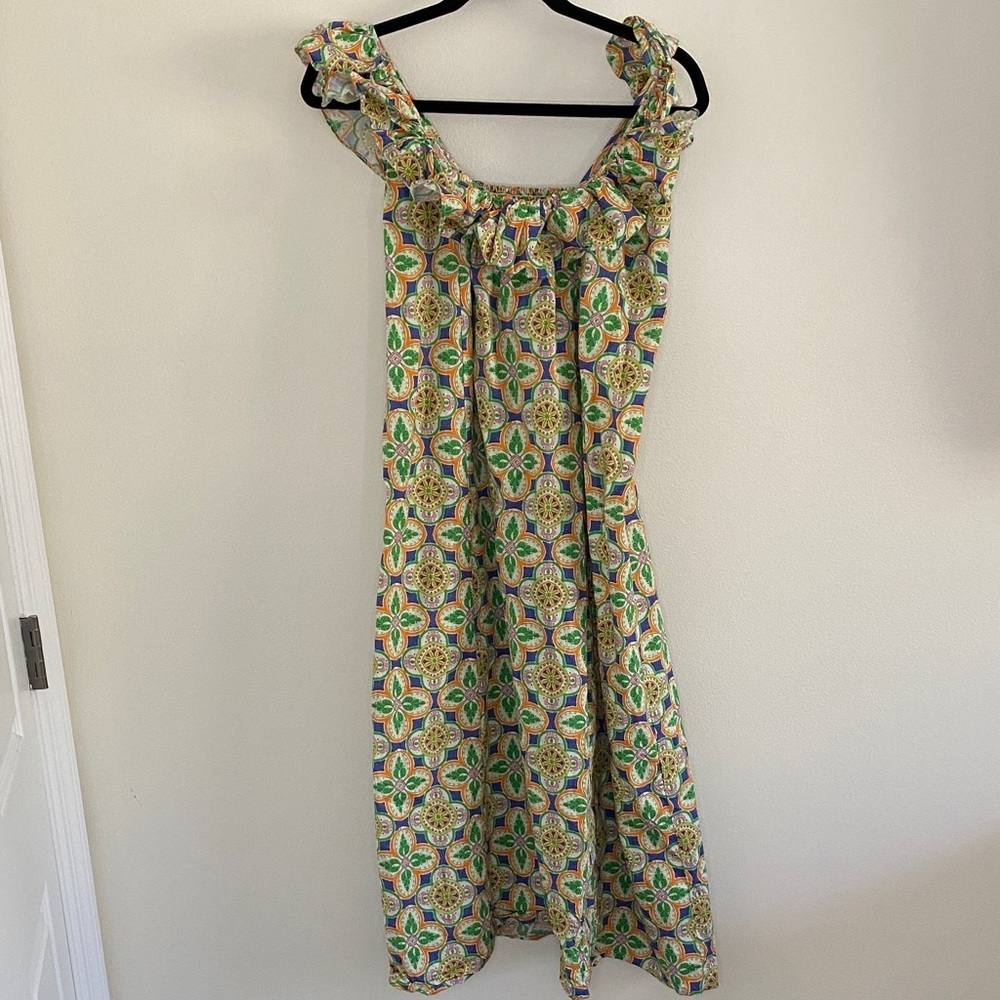 Taylor Tillman Ali Ruffle Square Neck Dress Midi Mosaic Tile Smocked Size Small